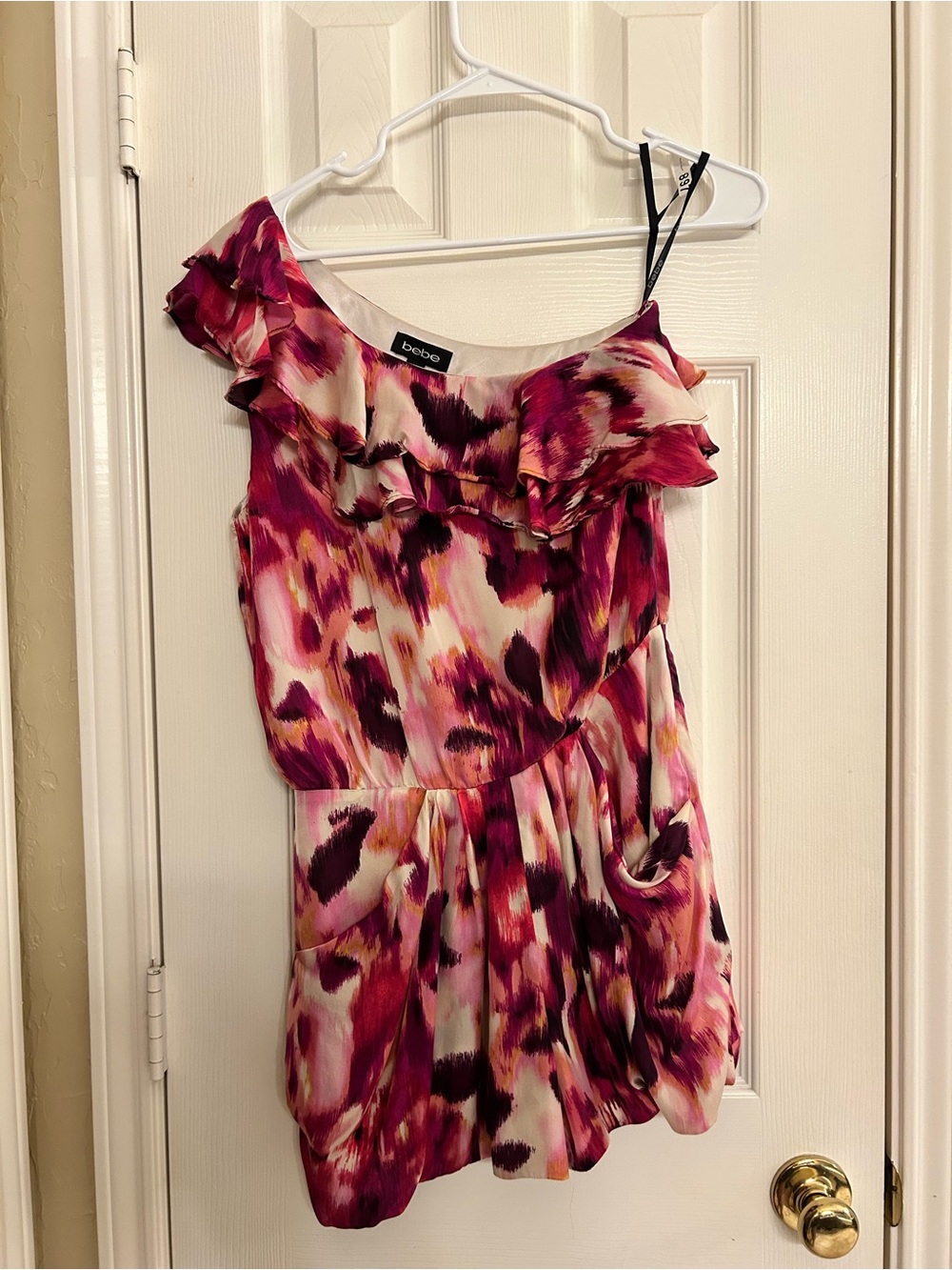 100% Silk Bebe One Shoulder Ruffle Short Romper Pink watercolor Print Size XXS